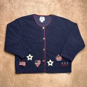 Vintage 90s Christopher & Banks Hand Embroidered Americana Flag Fleece Cardigan